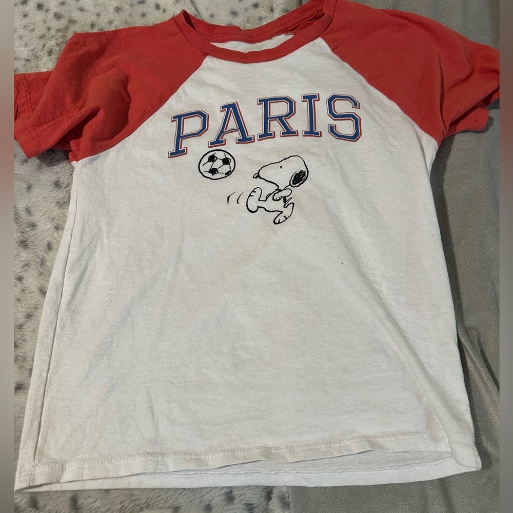 Peanuts White and Red "Paris" Raglan Tee with Snoopy Graphic